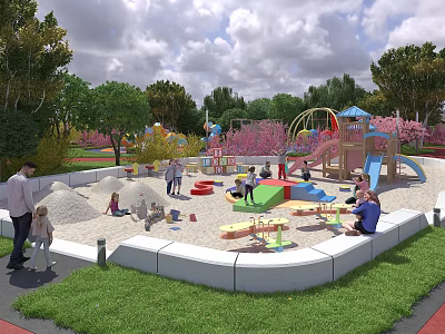 Vibrant Garden Landscape With Children's Playground Sandpit Slide Trees And Adults Enjoying Outdoor Fun 3d model