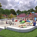 Vibrant Garden Landscape With Children's Playground Sandpit Slide Trees And Adults Enjoying Outdoor Fun
