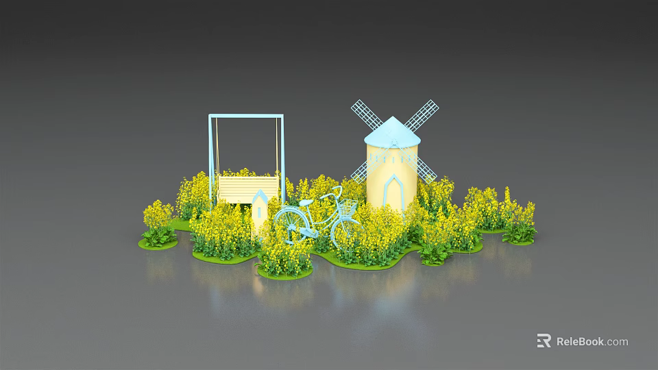 Yellow Flower Field With Windmill Bicycle And Wooden Sign 3d model 