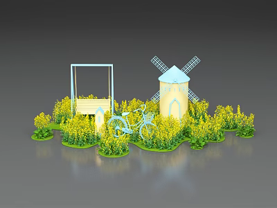 Yellow Flower Field With Windmill Bicycle And Wooden Sign 3d model