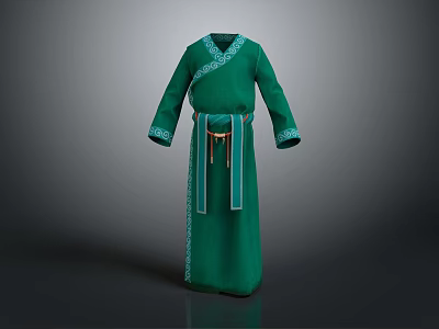 Elegant Green Traditional Robe With Embroidered Cuffs Decorative Belt And Long Sleeve Design 3d model