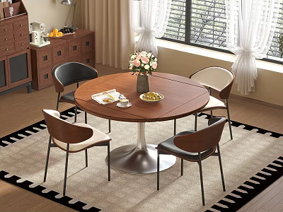 Round Dining Table Set With Four Chairs Fresh Flowers And Black White Rug 3d model