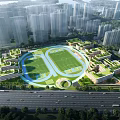 Modern School Campus Aerial View With Green Football Field Surrounding High Rise Buildings And Roads