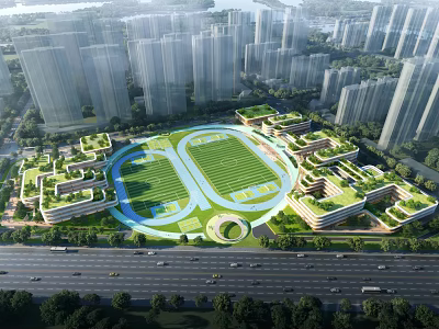Modern School Campus Aerial View With Green Football Field Surrounding High Rise Buildings And Roads 3d model