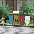 Pedestrians Near Colored Waste Bins With Green Plants And Building Exterior