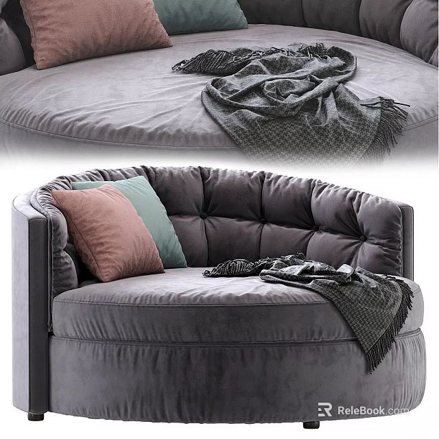 Cozy Round Gray Velvet Accent Chair With Soft Cushions Colorful Pillows And Throw Blanket 3d model 