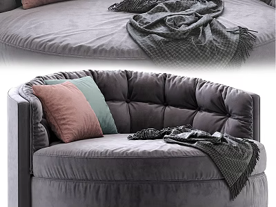 Cozy Round Gray Velvet Accent Chair With Soft Cushions Colorful Pillows And Throw Blanket 3d model