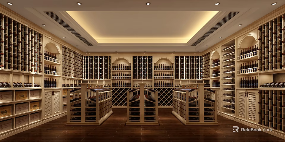 Luxurious Wine Cellar Interior Design With Wooden Racks Warm Lighting And Ceiling Details 3d model 