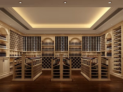 Luxurious Wine Cellar Interior Design With Wooden Racks Warm Lighting And Ceiling Details 3d model