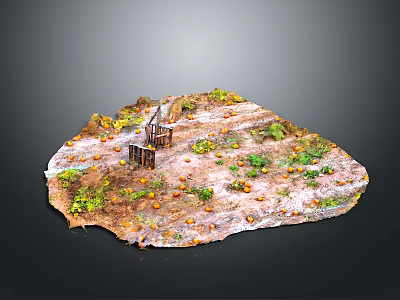 Rustic Garden Landscape With Small Wooden House Pumpkins And Green Plants 3d model