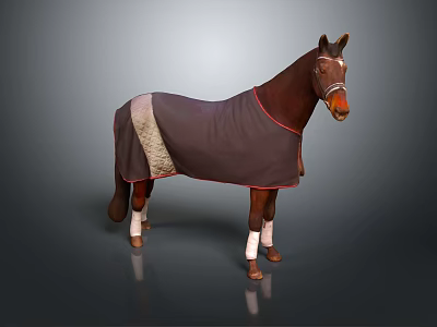Brown Horse Wearing Dark Colored Blanket With Red Trim And White Leg Wraps 3d model