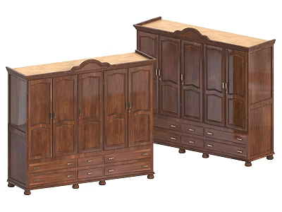 Two Wooden Wardrobes With Classic Design Cabinet Doors Drawers And Brass Handles 3d model