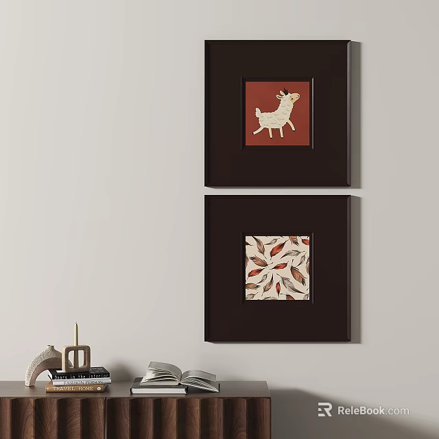 Hanging Abstract Paintings With Dark Framed Animal Design And Leaf Pattern Wall Decor 3d model