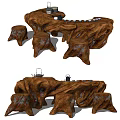 Natural Root Carving Tea Table with Handcrafted Design Matching Stools and Tea Sets 3d model