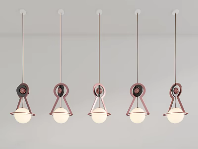 Five Modern Pendant Lights With Rose Gold Metal Frame And Spherical Bulbs On White Background 3d model