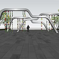 Modern Curved Metal Pergola With Hanging Colorful Decorations In Tree Lined Plaza