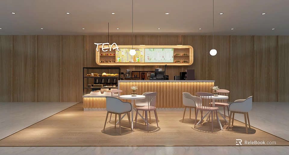 Modern Cozy Milk Tea Shop Interior With Wooden Counter Tables Chairs And Hanging Lights 3d model 