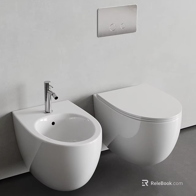 White Modern Toilet and Bidet in Contemporary Bathroom with Gray Wall and Control Panel 3d model 