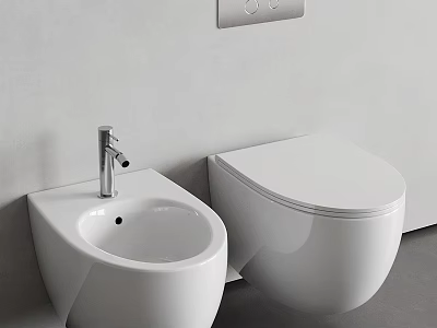 White Modern Toilet and Bidet in Contemporary Bathroom with Gray Wall and Control Panel 3d model