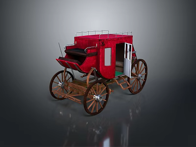 Red Vintage Carriage With Wooden Wheels Roof Rail Door And Window Details 3d model