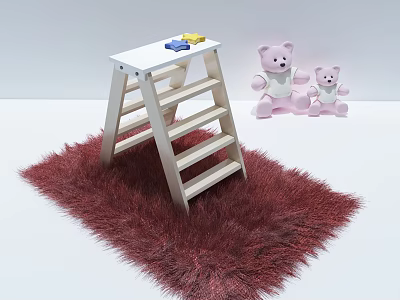 White Ladder Shaped Table With Colorful Blocks And Pink Teddy Bears On Red Shaggy Rug 3d model