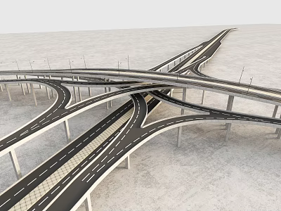 Multi Level Highway Interchange Bridge With Curved Road Lanes And Street Lights 3d model