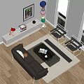 Modern Brown Sofa With Transparent Glass Coffee Table Black Chairs Striped Rug And Wall Art