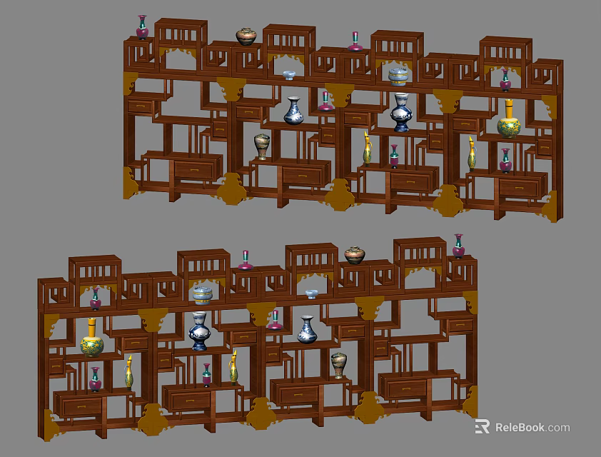 Traditional Chinese Bogu Shelf Design With Multiple Layers Decorative Vases And Antique Items 3d model 