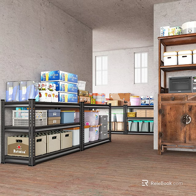 Basement Storage Area With Shelves Boxes Containers Windows And Wooden Floor 3d model 
