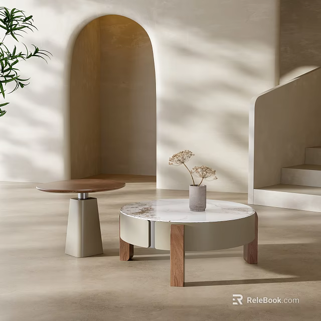 Modern Minimalist Coffee Tables With Marble Top And Wooden Base In Soft Natural Light 3d model 