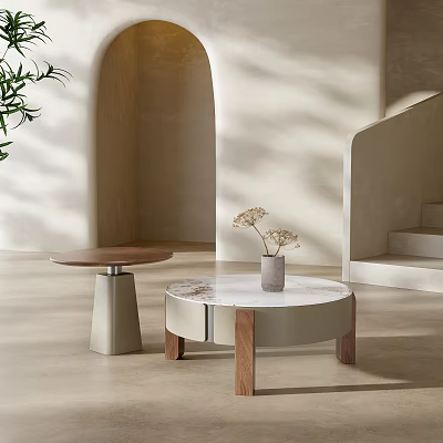 Modern Minimalist Coffee Tables With Marble Top And Wooden Base In Soft Natural Light 3d model