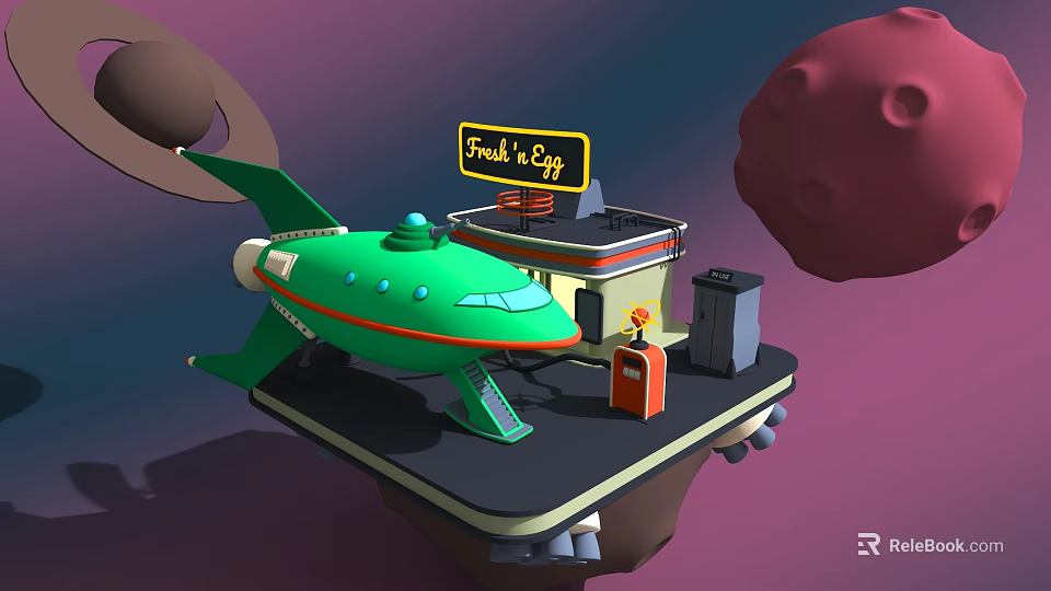 Cartoon Scene With Green Airplane Fresh & Easy Sign And Gas Station In Space 3d model 