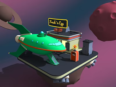 Cartoon Scene With Green Airplane Fresh & Easy Sign And Gas Station In Space 3d model