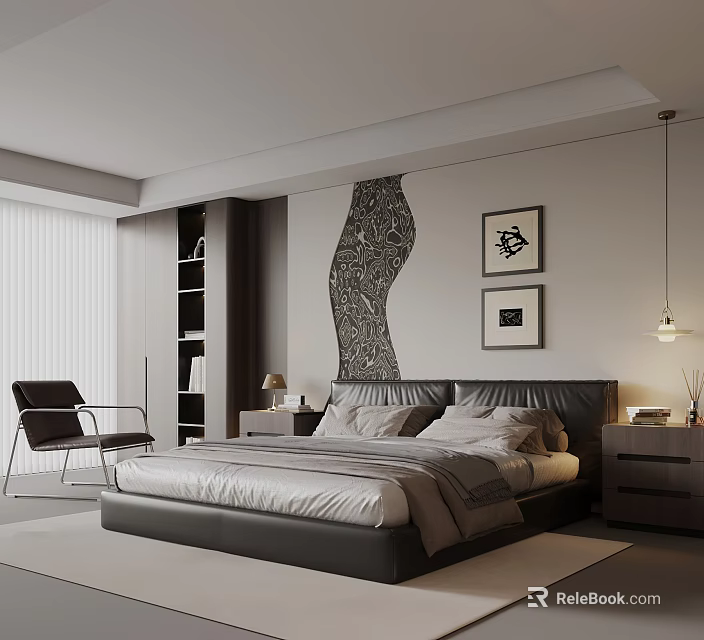 Modern Bedroom Interior With Leather Headboard Framed Art Decorative Wall And Nightstand 3d model 