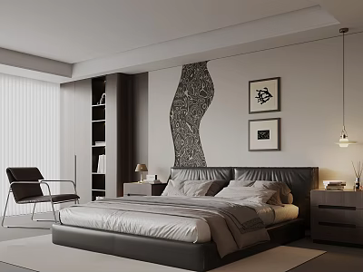 Modern Bedroom Interior With Leather Headboard Framed Art Decorative Wall And Nightstand 3d model