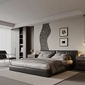 Modern Bedroom Interior With Leather Headboard Framed Art Decorative Wall And Nightstand