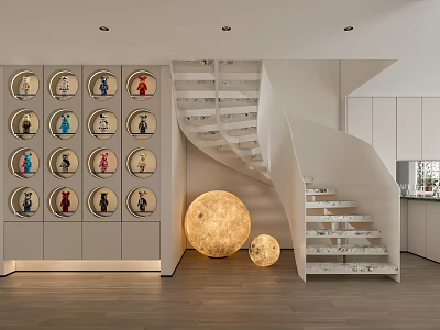 Modern Interior Space With Display Wall Spiral Staircase And Spherical Lamps 3d model