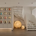 Modern Interior Space With Display Wall Spiral Staircase And Spherical Lamps