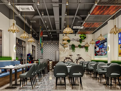 Modern Restaurant Interior With Pendant Lights Tables Chairs Green Plants Bicycle Decor And Tiled Floor 3d model