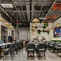 Modern Restaurant Interior With Pendant Lights Tables Chairs Green Plants Bicycle Decor And Tiled Floor