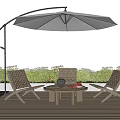 Wicker Outdoor Chairs With Round Wooden Coffee Table And Arched Patio Umbrella
