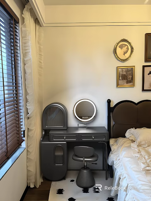 Gray Dressing Table with Round Mirror Vintage Radio and Wall Frames by Bed 3d model 