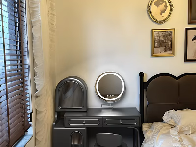 Gray Dressing Table with Round Mirror Vintage Radio and Wall Frames by Bed 3d model
