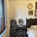 Gray Dressing Table with Round Mirror Vintage Radio and Wall Frames by Bed 3d model