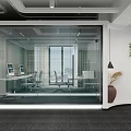 Modern Public Office Space With Red Padded Wall And Gray Carpet Reception Desk