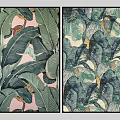 Vibrant Botanical Paintings with Green Banana Leaves Pink Background and Blue Tones