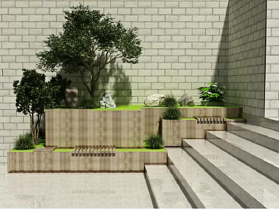 Modern Garden Ornament Design With Steps Stone Wall And Green Plants 3d model