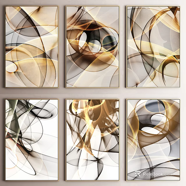 Modern Abstract Paintings With Flowing Gold Black White Lines For Interior Wall Decor 3d model 