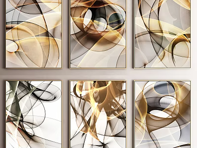 Modern Abstract Paintings With Flowing Gold Black White Lines For Interior Wall Decor 3d model