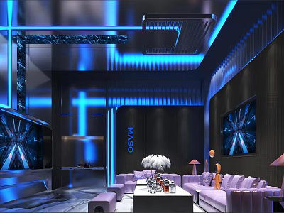 Luxury Modern KTV Interior With Blue Lighting Sofa And TV Screen Decor 3d model